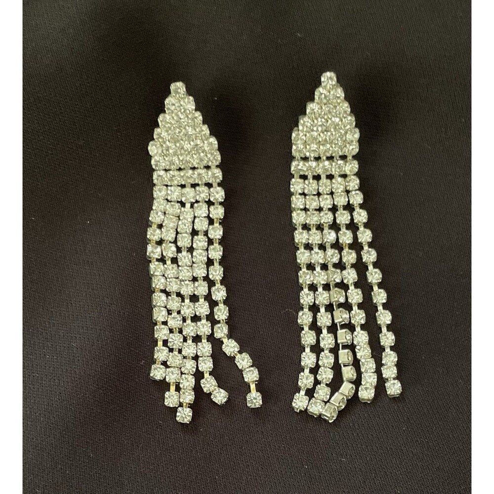 VTG Rhinestone Dangle Fringe Earrings Deb Y2K Deadstock Silver Tone Prom Formal
